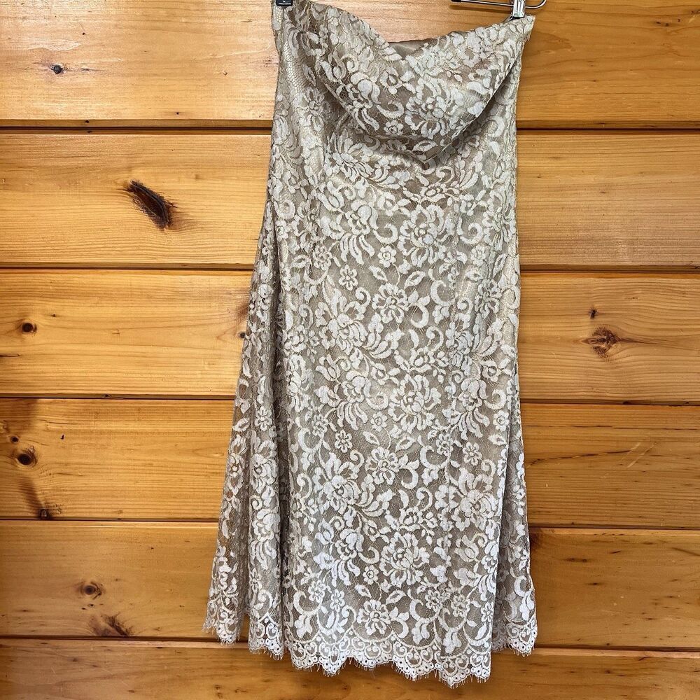 Chic Ann Taylor Lace Overlay Dress Beige/Gold Strapless Sweetheart Lined 8